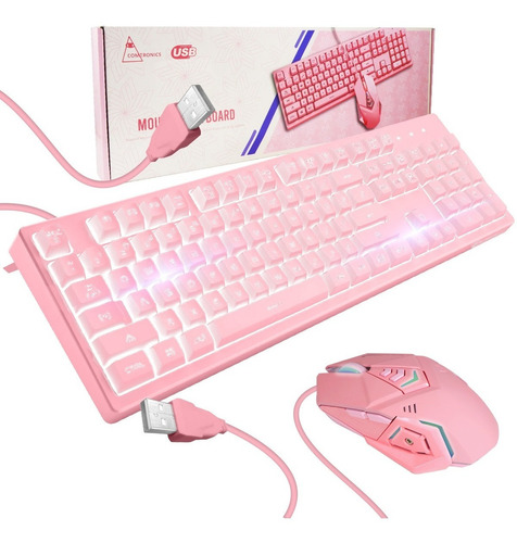 Kit Mouse Y Teclado Gamer Rosa Usb Con Luz Led Para Pc Lap