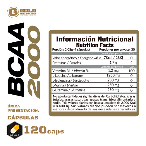 Gold Nutrition X2 Bcaa 2000 Suplemento Aminoácidos 120c 3c