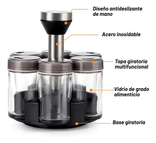 Especiero Giratorio Moderno 360 Kimhi Con 6 Frascos De Vidrio Acero Inoxidable Organizador De Especias Multiusos Para Cocina Color Negro