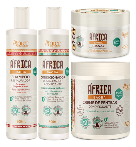 Kit Apse África Baobá 4 Itens Com Creme De Pentear Vegano