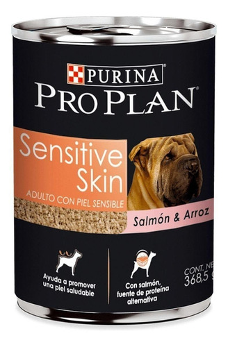 Alimento Pro Plan OptiDerma Sensitive Skin Adult para perro adulto todos los tamaños sabor salmón y arroz en lata de 368.5g