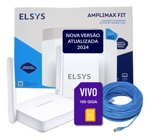 Kit Amplimax + Roteador 2 Antenas + 70m Cabo + Chip Vivo