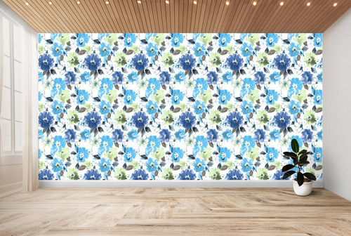 Imagen 2 de 3 de Papel Tapiz Flores Azules Y Verdes Estilo Vintage