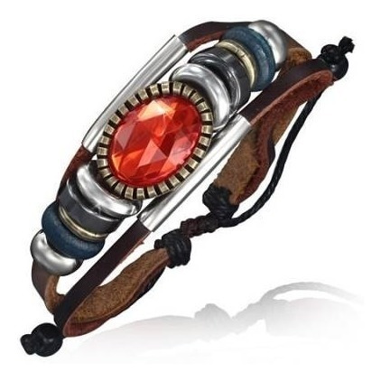 Pulsera De Piel Ajustable Cuentas Fantasia Cafe Rojo 0134