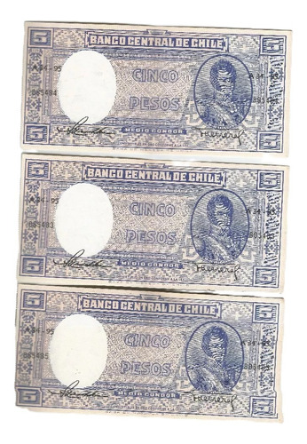 Billetes Chileno 3 Unidades Consecutivos  5 Pesos 