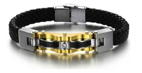 Pulseira Masculina Couro Detalhes Dourados E Swarovski