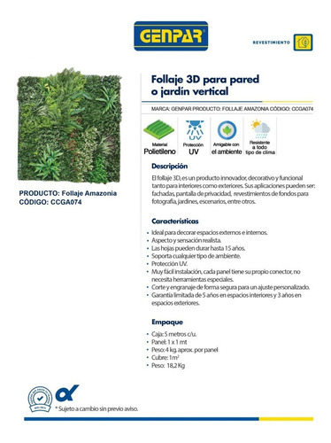 Imagen 2 de 3 de Follaje Artificial 3d Caja (1x5) Amazonia Genpar Drop
