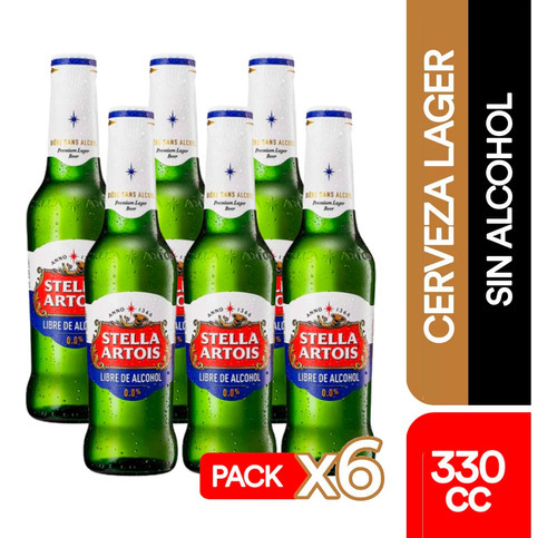 Pack 6 Cerveza Stella Artois 0.0 Sin Alcohol Botella 330cc