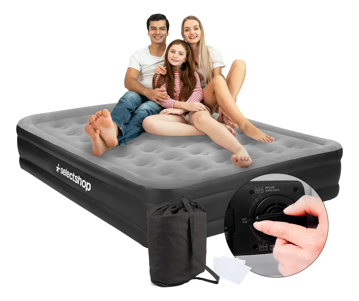 Colchón Inflable Queen Size + Bomba Inflable Cama Resistente Color Gris