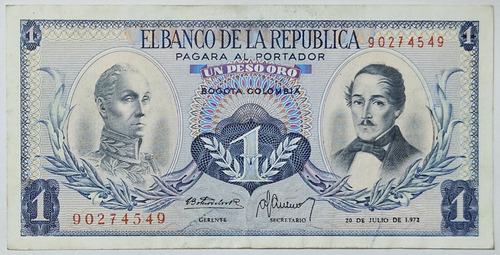 Billete 1 Peso 20/jul/1972 Colombia Xf