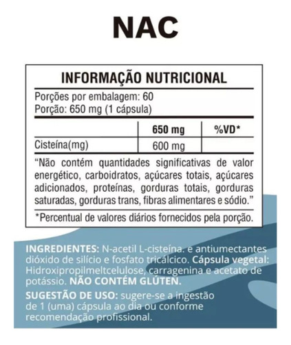 Nac (n-acetil + L-cisteína) 60cps Ocean Drop Sem Sabor