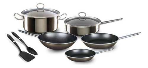 Batería Sartenes Cocina Sabatier Titanium 9 Pzas Con Teflón Color Acero