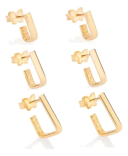 comprar Kit Trio Argolas Banhado Ouro 18k Retangulares Antialérgico