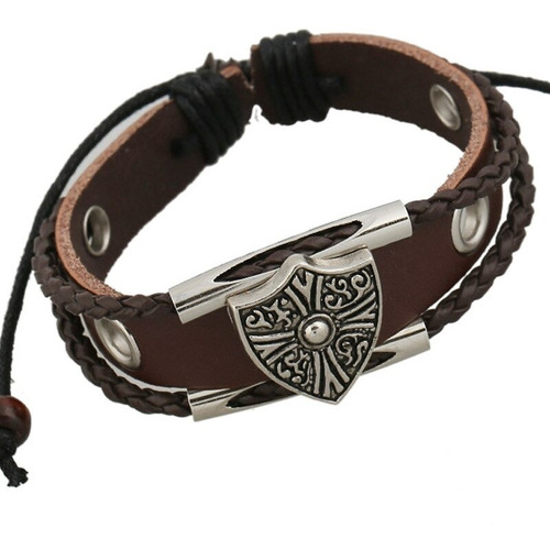 Pulsera Manilla Capas De Cuero Genuino Escudo Para Hombre