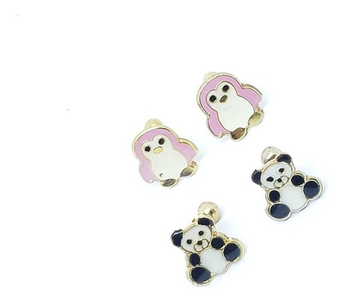 Aretes De Pinguino Rosa Y Panda Oro Lam.2 Pares +estuche A1
