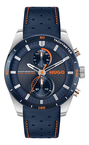 Reloj Hugo Acero Inoxidable, Piel, 50m Fechador Azul/naranja