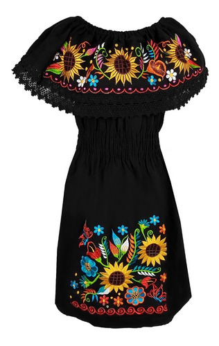 Vestido Mexicano Artesanal Bordado Flores Para Niña Típico 