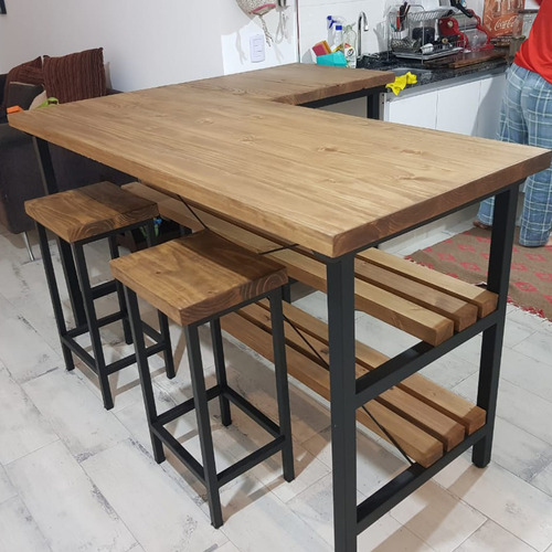Isla De Cocina Desayunador Estilo Industrial Con 2 Banquetas