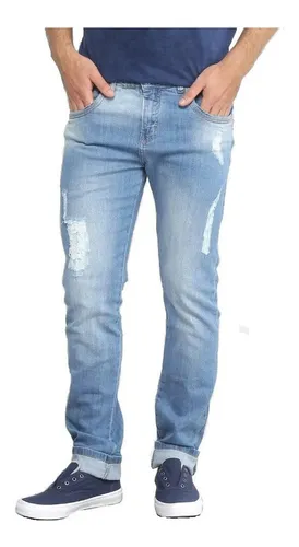 Calça Jeans Lycra Slim Rasgados Puido Masculina Plus Size