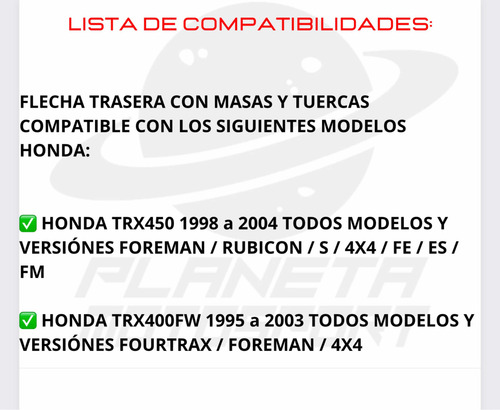 Flecha Mazas Tuercas Trasera Honda Trx400fw 400fw 1995-2003