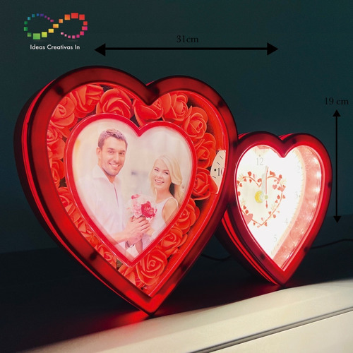 Portarretrato Personalizado Corazon Con Luz Led Y Reloj