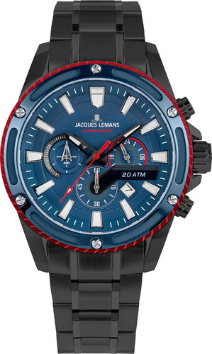 Reloj Jacques Lemans 1-2141g Color De La Correa Negro Color Del Bisel Azul Claro Y Rojo Color Del Fondo Azul Claro