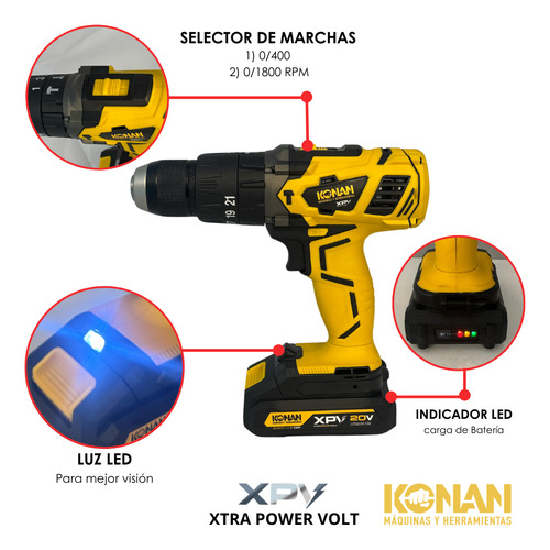 Taladro De Impacto A Batería 20v Konan Xtra Power V 1800rpm