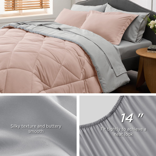 Juego Edredon Y Ropa De Cama Individual Rosa Claro Y Gris