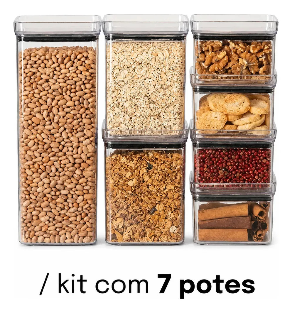 Kit 7 Potes Plástico Lumini Hermético Organizador Alimentos Feijão Cereais Temperos Cozinha Empilhável Transparente Tampa Vedação 2200ml 1000ml 480ml