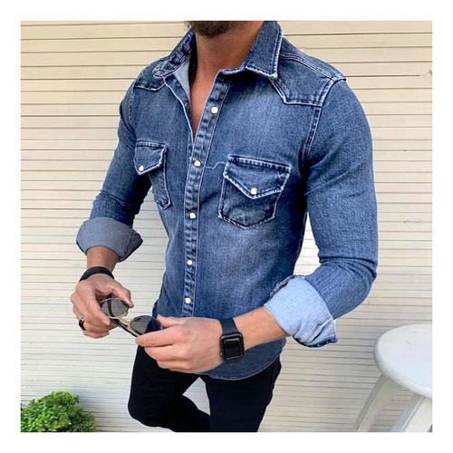 Men's Solid Color Long Sleeve Jeans Shirt Vintage Q1
