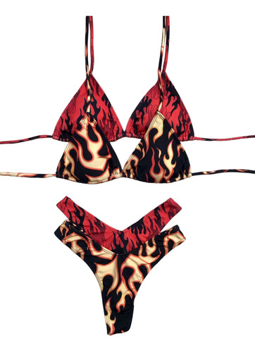 Pack X2 Bikini Malla Estampada Fuego Con Colaless En V - Eva