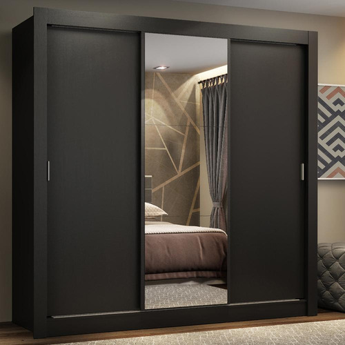 Guarda Roupa Madesa Lyon Plus 3 Portas Espelho 4 Gavetas Cor Preto 10938N1E4G