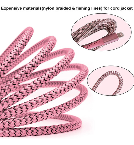 Mfi - Cargador De iPhone Rosa De 10 Pies, Paquete De 3 Cable