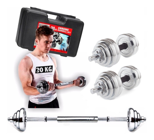 Imagen 1 de 3 de Set Pesas Mancuernas Discos Barra Gimnasio Gym 30kg Maletín