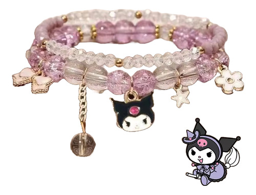 Pulsera Perlas Cristal Rosa Dije Kuromi Ajustable Rosa 9 Cm 17 Cm