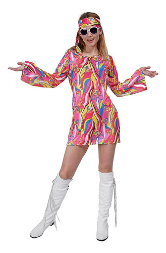 Mujer 60s70s Hippie Disfraz Cosplay Flor Disco Vestido (m)
