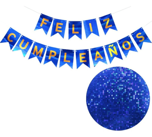 Banderín Festón Feliz Cumpleaños Azul Letras Doradas 
