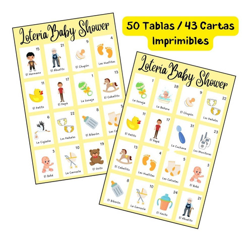 Juego Imprimible Loteria Baby Shower 50 Amarillo Unisex Pdf
