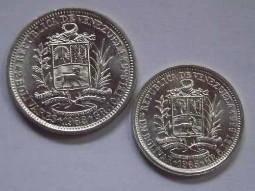 Imagen 1 de 6 de Dos Monedas De Plata: 2 Bolívares Y 1 Bolívar Bs. Año 1965