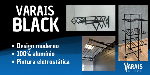 Varal De Parede Tradicional C/ Motor 7v 1,80m Alumínio Preto