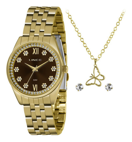 Relógio Lince Feminino Dourado + Colar E Brincos