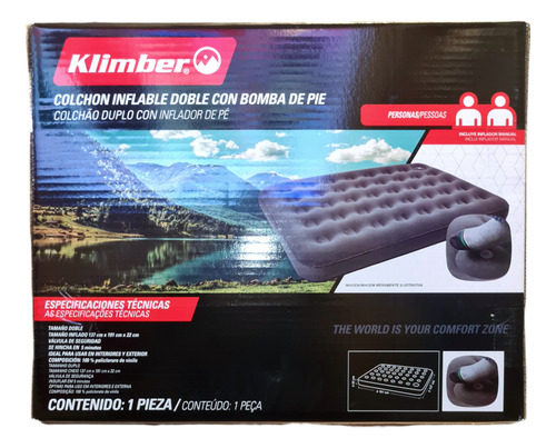 Colchon Inflable 2 Plazas Con Bomba De Pie Klimber Gris
