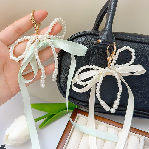 Llavero Con Forma De Lazo De Perla Blanca, Bolsa En Forma De
