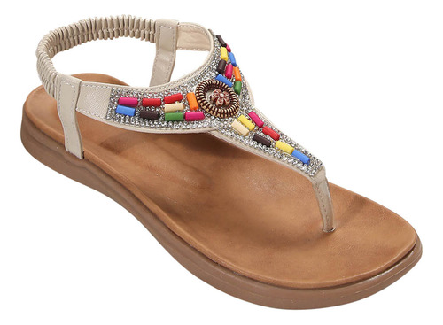 Sandalias De Fondo Plano De Estilo Étnico Con Cuentas, Banda