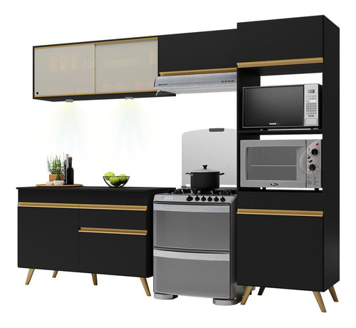 Armário Cozinha Compacta 252cm Veneza Up Multimóveis V2017 Cor Preto/Dourado