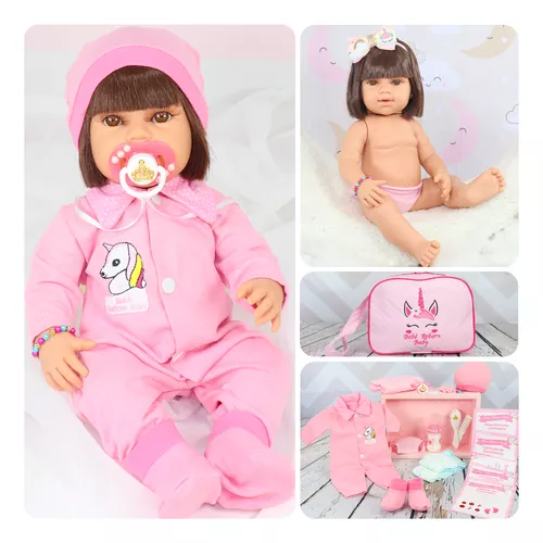 Boneca Bebê Reborn Corpo Silicone Loira Rosa Com Bolsa - ShopJJ