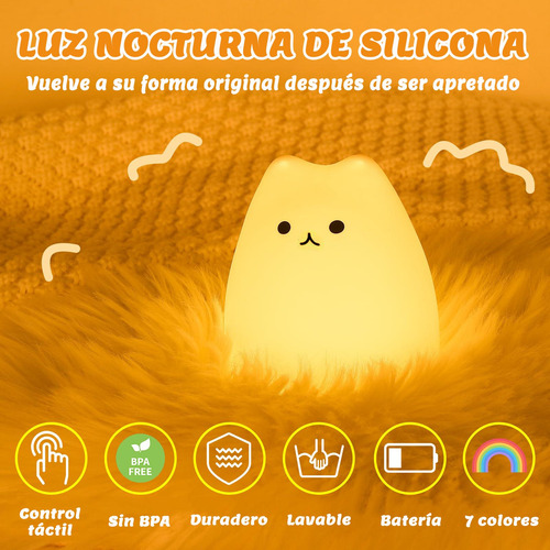 Luz Nocturna Gato Silicona 7 Colours Para Bebé Niño Regalos
