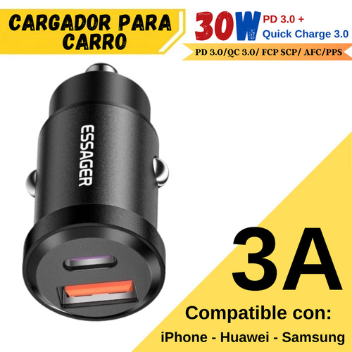 Cargador Carro Essager 30 W Carga Rapida Para iPhone 20w / Samsung 25w / Huawei 22.5w Otras Marcar Carga Rapida De 18 W Protocolos De Carga Rapida Pd 3.0 / Qc 3.0 / Fcp Scp / Afc Pps