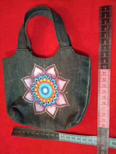 Bolso Mini Cuadrado Elaborado Con Mezclilla Pintado Mándala (Reacondicionado)