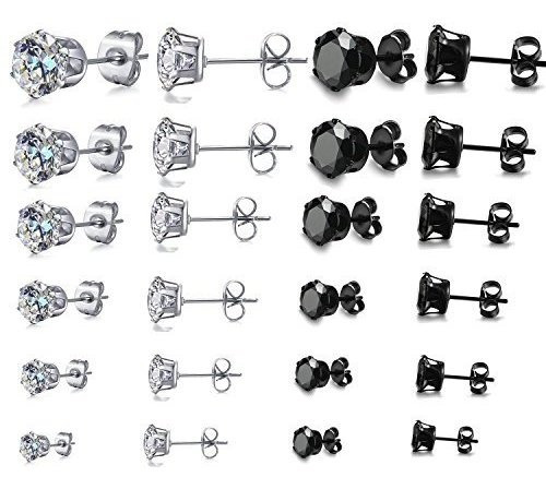 12 par Acero Inoxidable Mens Womens Stud Aretes Set Negro Y 